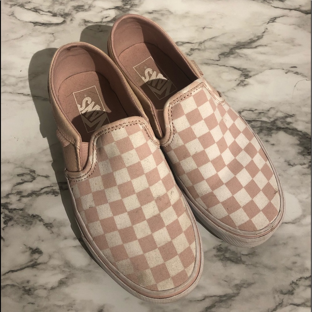 pink checkered slip on vans